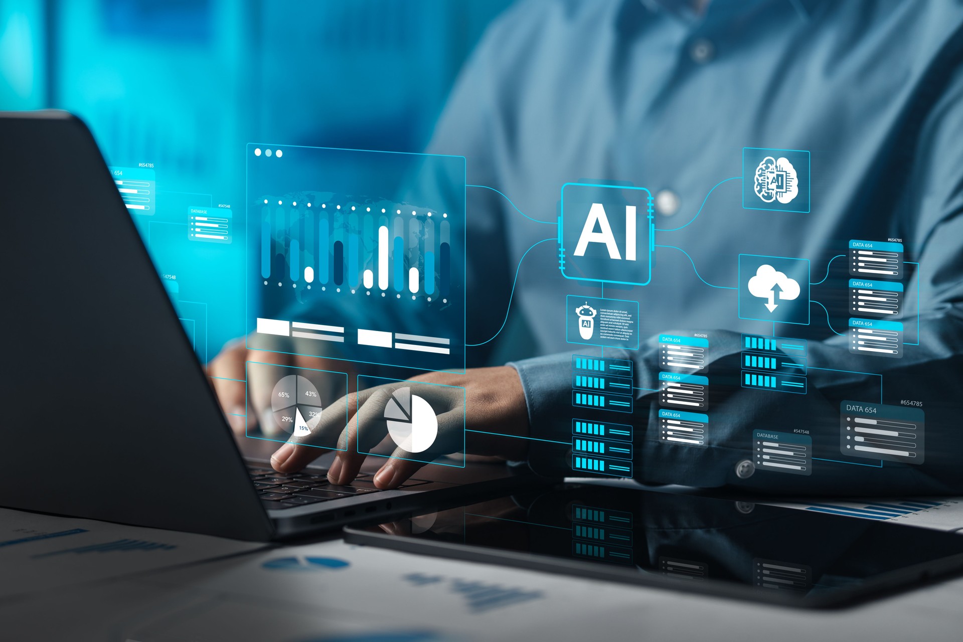 Analysts use computers to analyze data using AI technology to run data analysis tools. Chatbots chat with AI to help them build, code, train AI, or analyze big data with fast, cutting-edge technology.