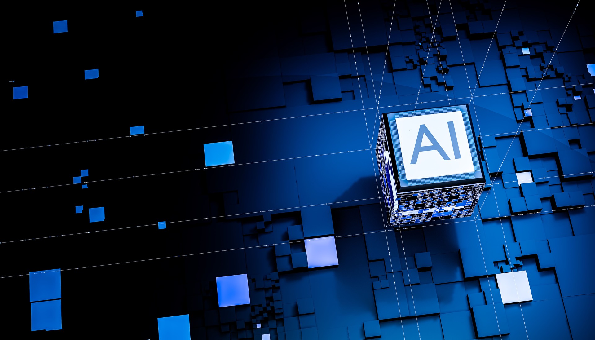 Futuristic AI chip glowing blue digital cube technology circuit board innovation processor intelligence network data computing power modern design