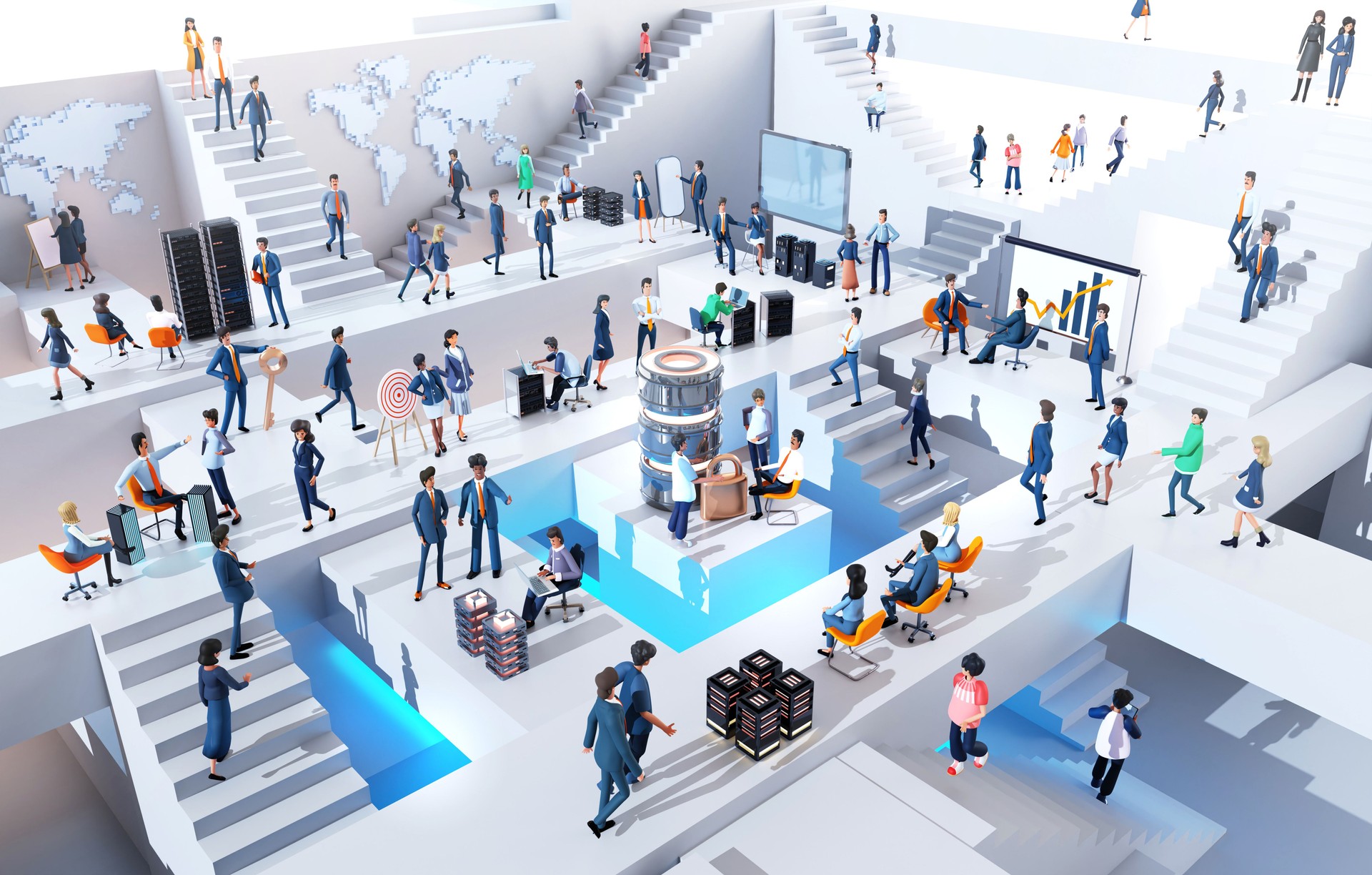 Lots of business people working together around big Super computer in an abstract business environment, business busy life, new technology concep