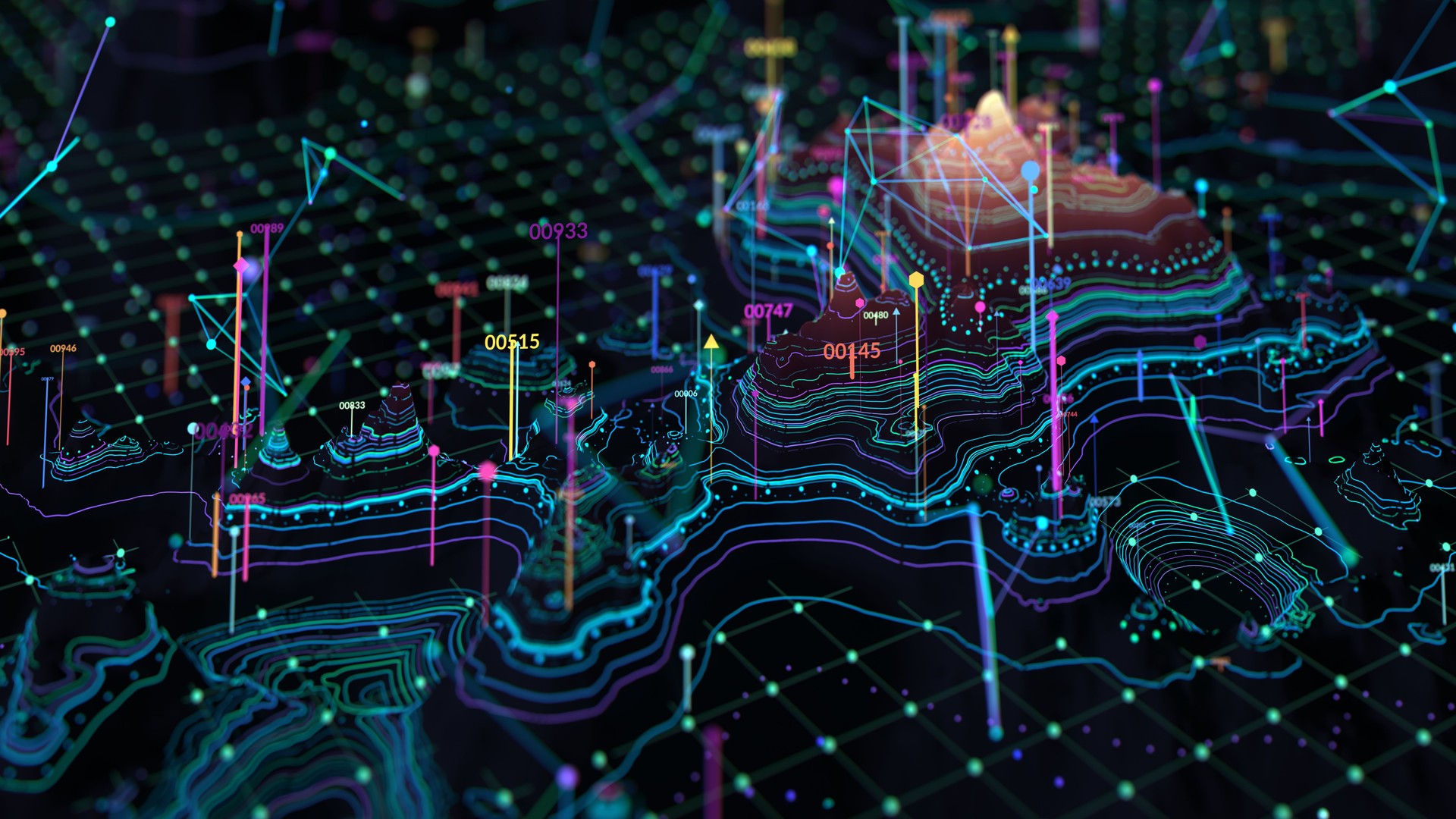 Futuristic Digital Landscape Featuring Data Visualization and Analyzed Metrics