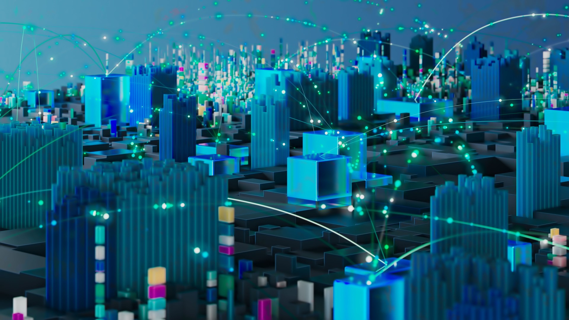 Futuristic Digital Cityscape with Communication Networks and Glowing Data Streams